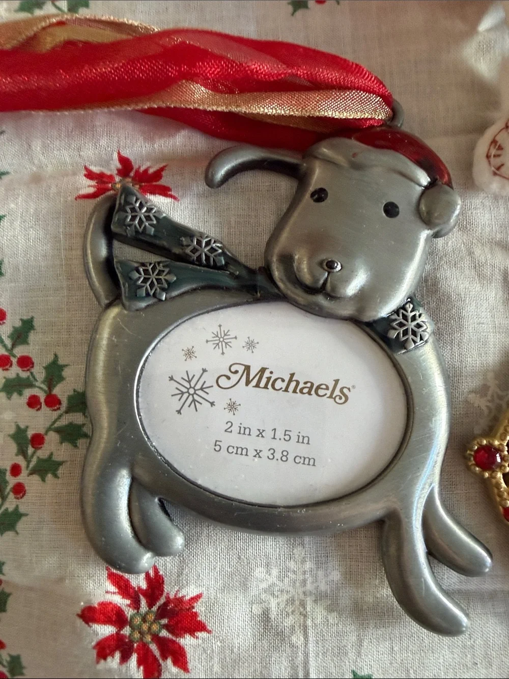 Xmas  Dog Photo Ornament & White Plush poodle - picture frames Xmas hanky vinta